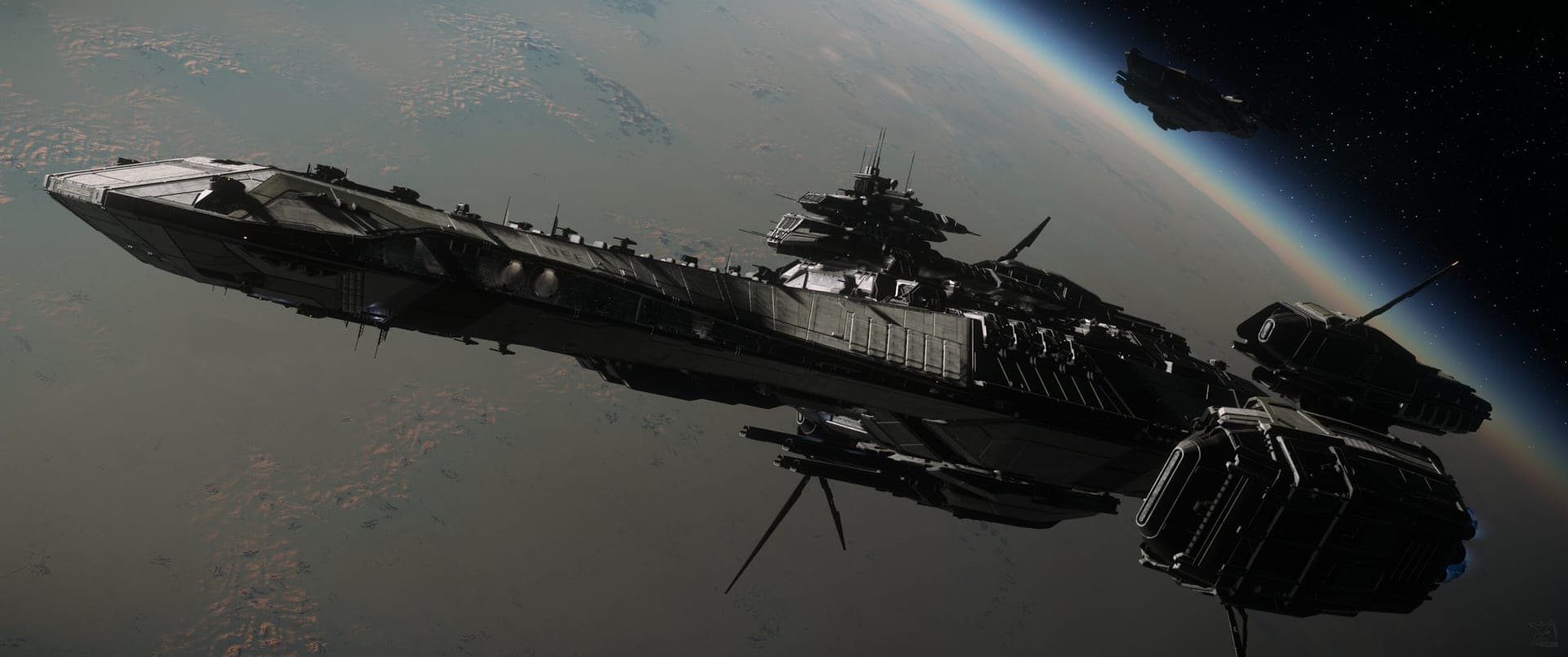 Star Citizen — a capital ship in orbit above a planet