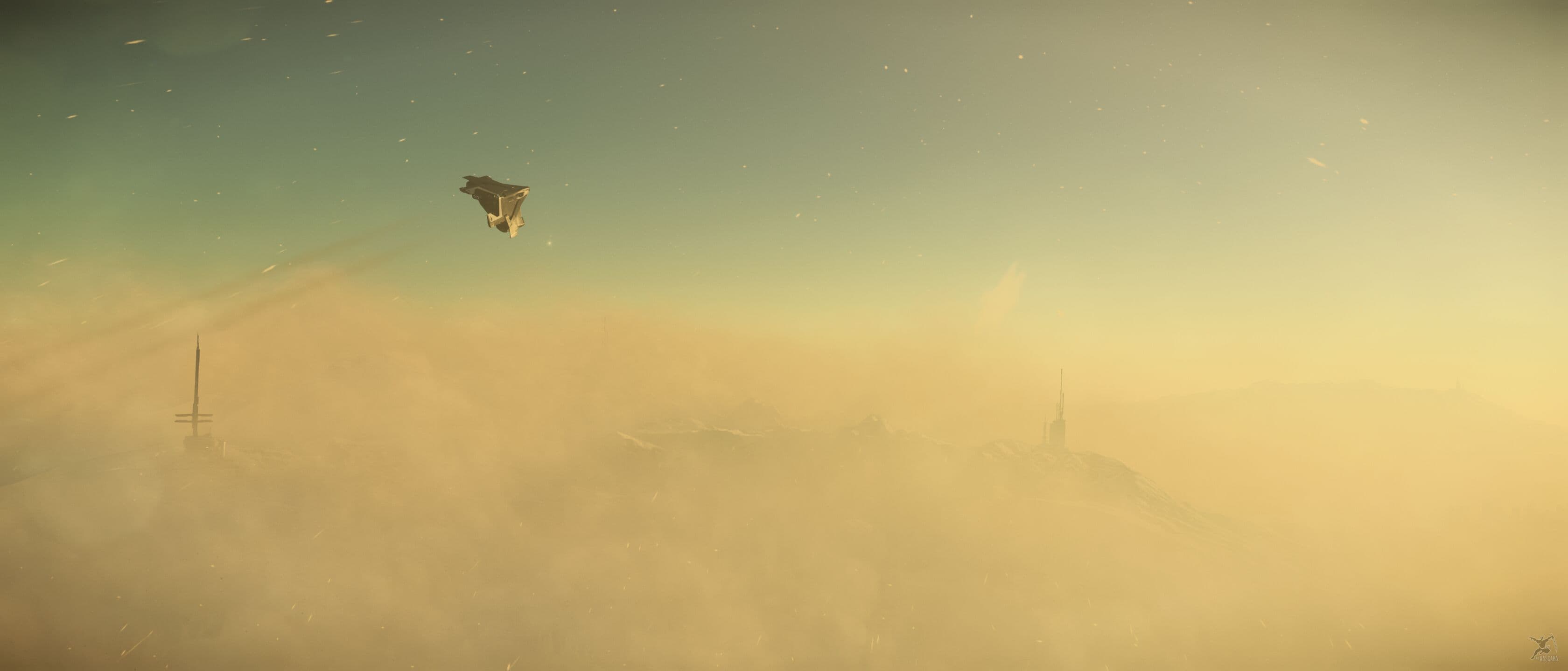 An M2 Hercules in atmospheric flight climbing away from the city of New Babbage on microTech
