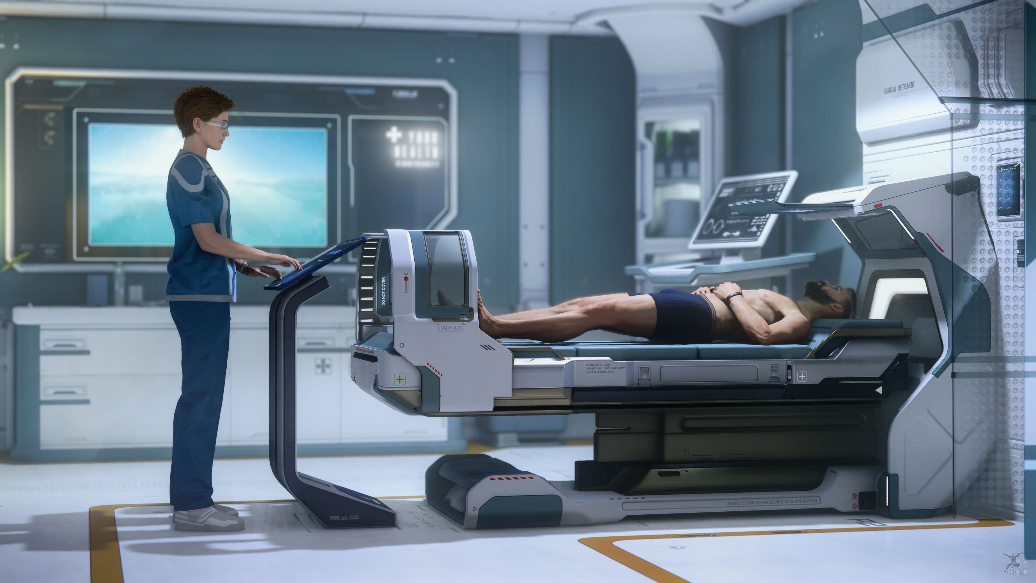 A player being treated in a medical bed at Everus Harbor