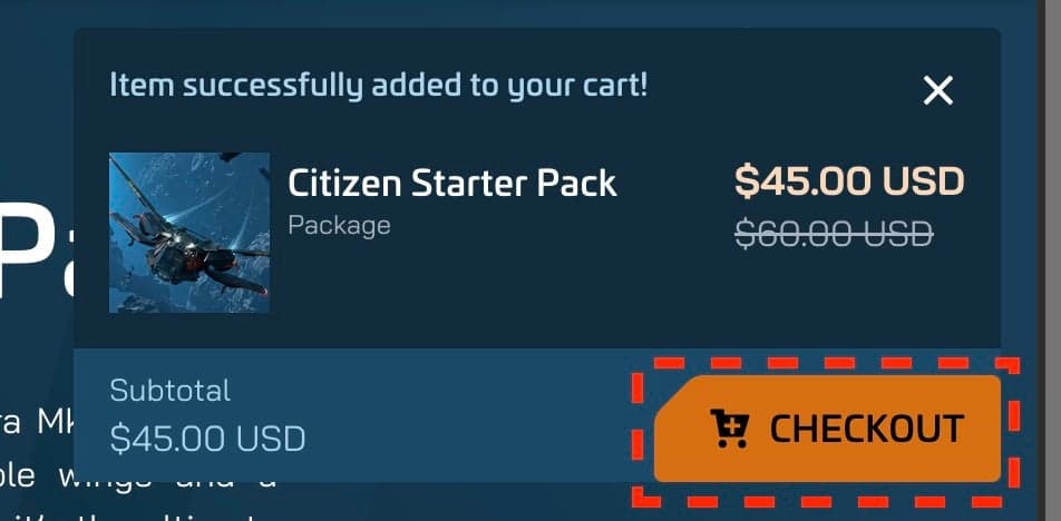 RSI store page for the $45 Citizen Starter Pack with the Add to cart button