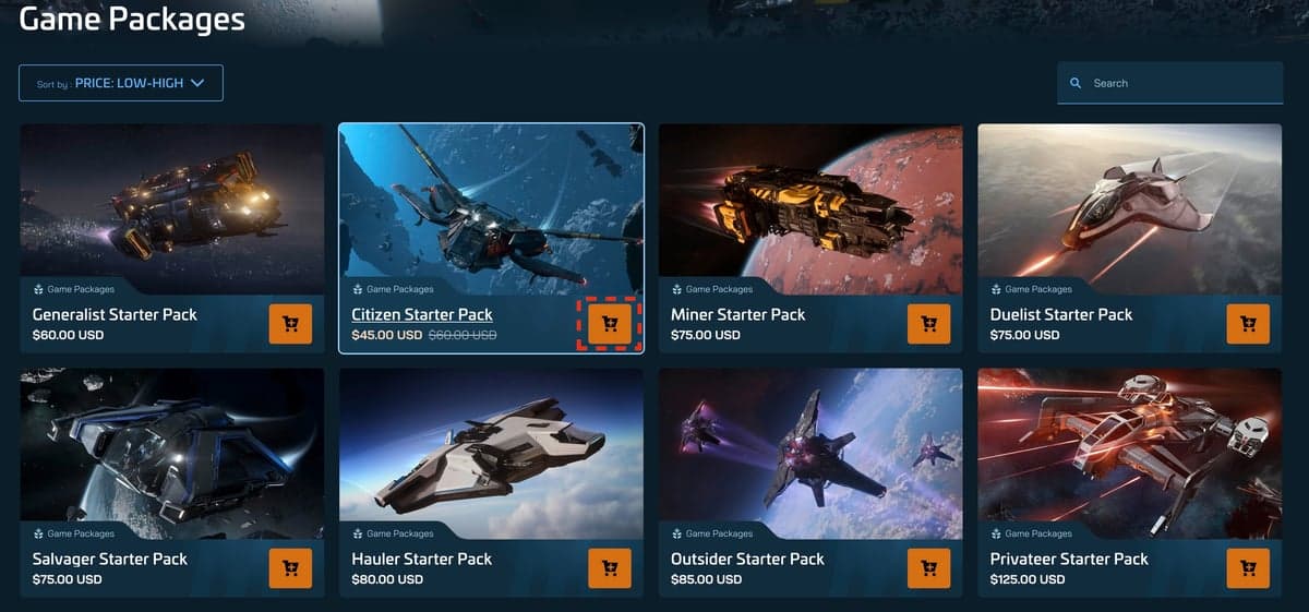 RSI store list of starter Game Packages showing the $45 Citizen Starter Pack alongside other packs