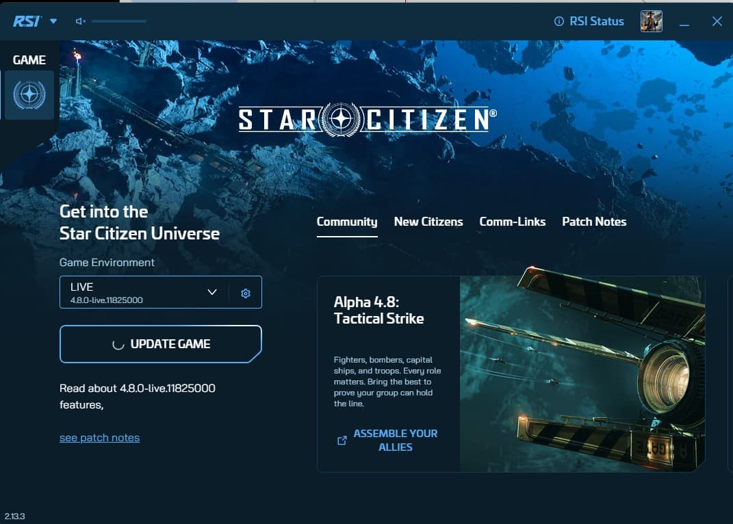 The RSI Launcher with a live build of Star Citizen installed and ready to launch