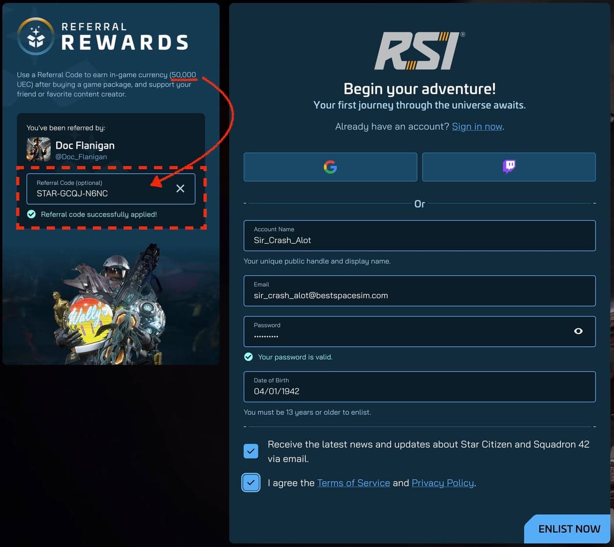 RSI account signup form with referral code STAR-GCQJ-N6NC entered in the Referral Code field