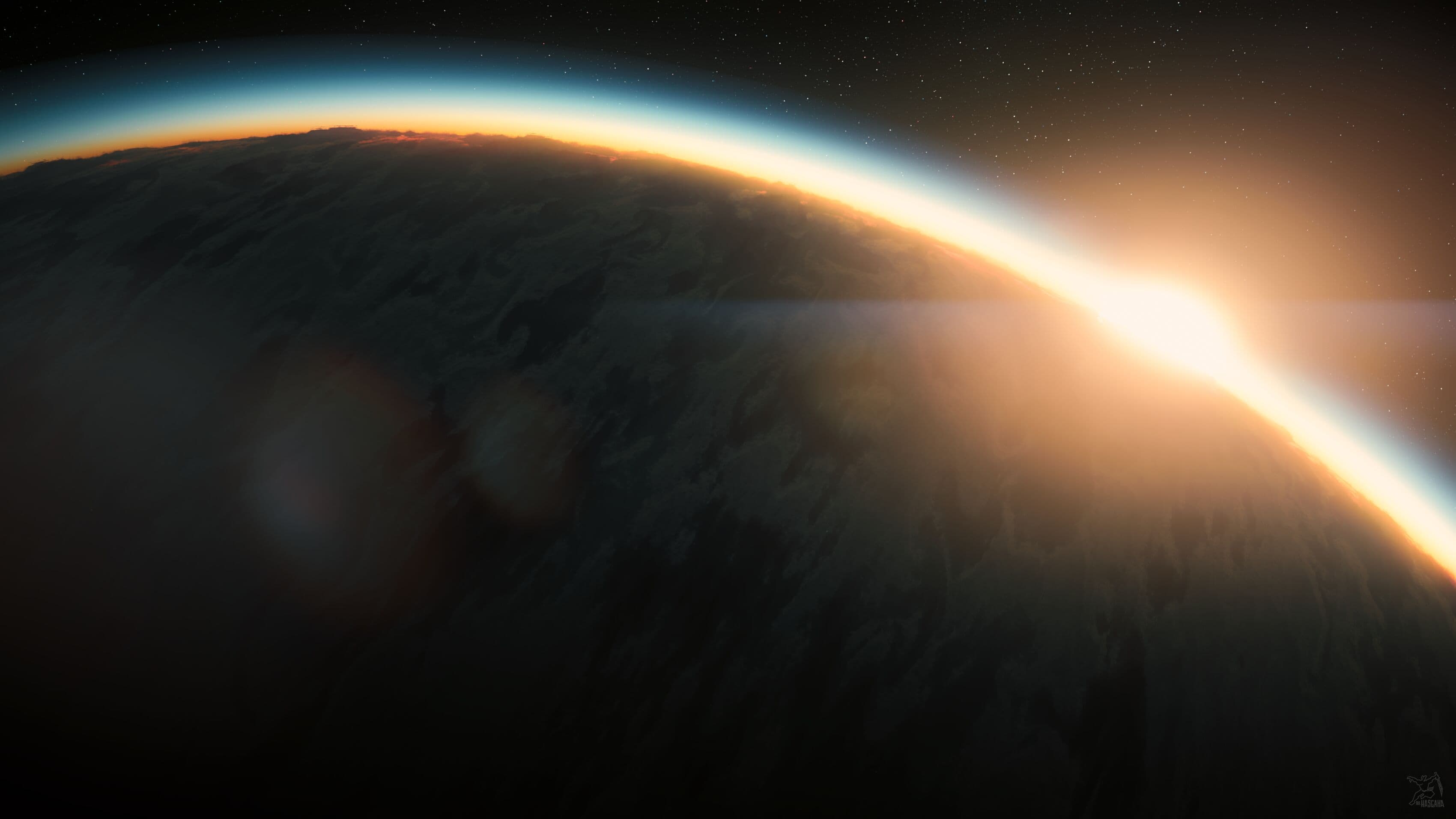 Star Citizen gameplay — a ship in orbit above Crusader at sunrise